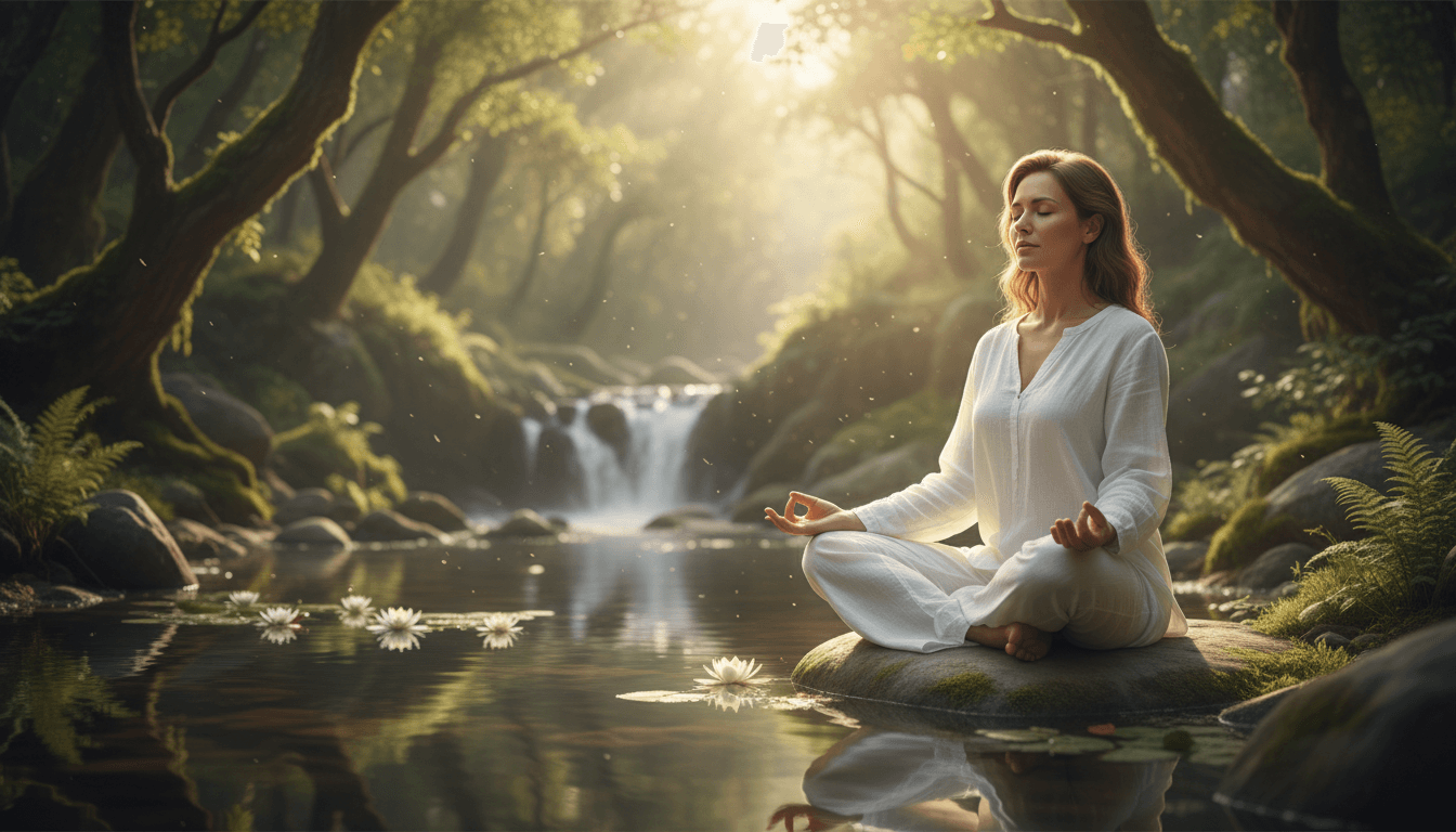 Mujer meditando con los ojos cerrados en un ambiente sereno y con luz natural