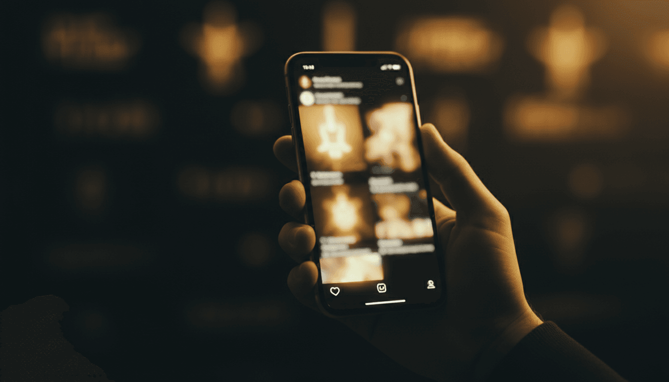 Teléfono móvil mostrando feed de Instagram con contenido espiritual