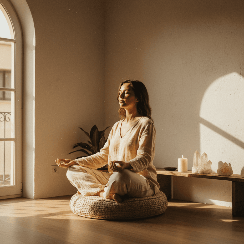 Persona meditando en un rincón iluminado de Valencia
