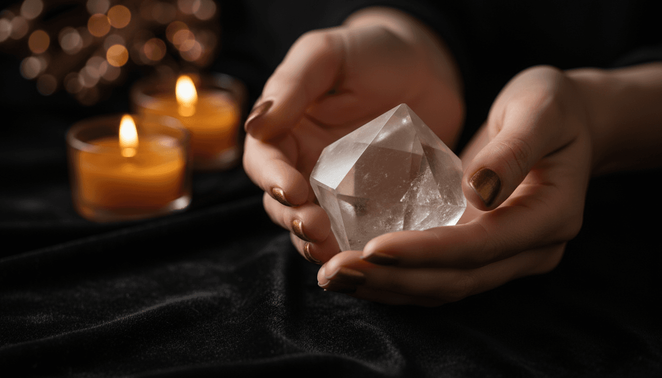 Manos sosteniendo un cristal sobre una superficie negra con velas doradas al fondo