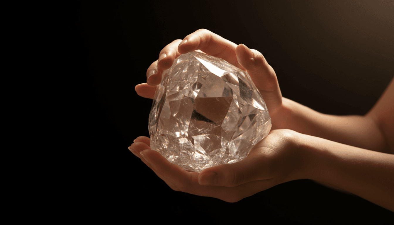 Manos sosteniendo un cristal de cuarzo con luz dorada