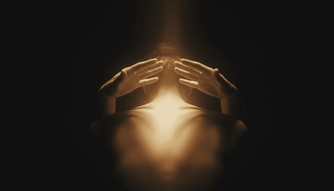 Manos con luz dorada sobre la espalda de una persona durante una sesión de reiki kármico