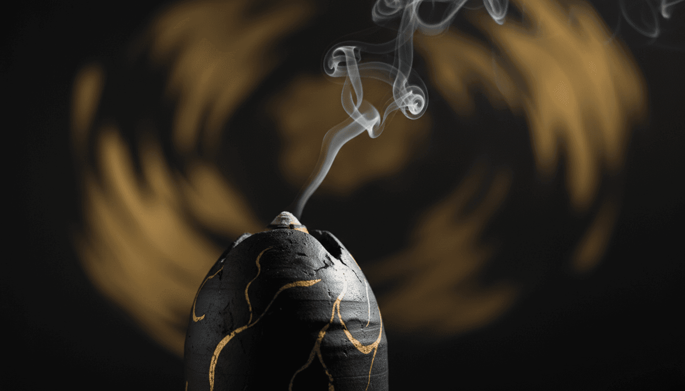 Incienso de cerámica negro con humo elevándose, iluminación dramática
