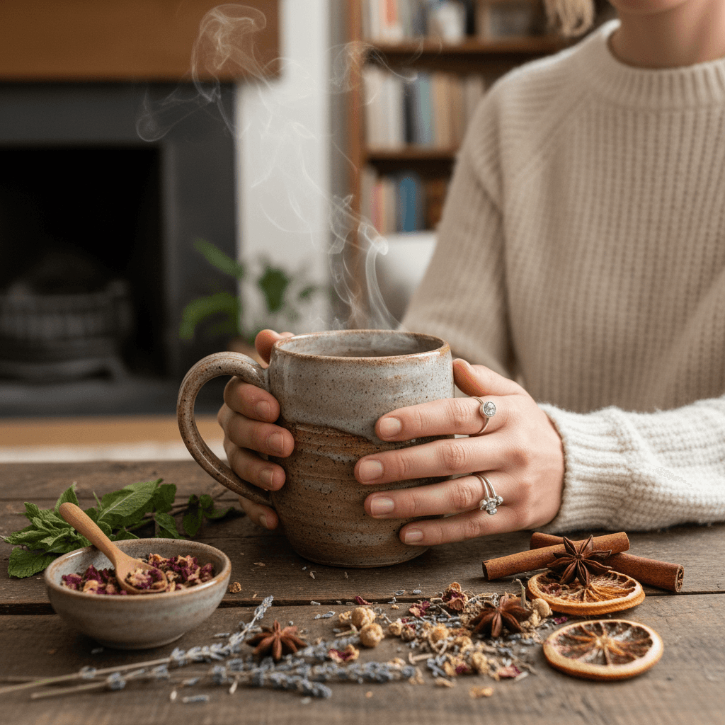 Taza humeante de infusión con hierbas secas y luz natural