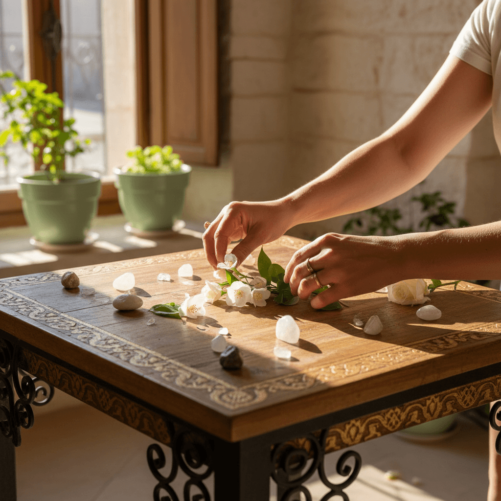 Manos preparando un altar con flores y cuarzos para una ceremonia