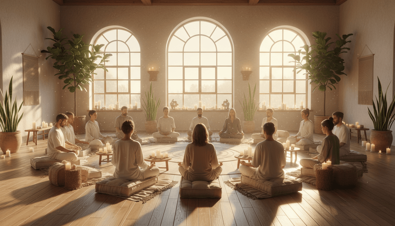 Espacio de meditación sereno con iluminación dorada y atmósfera de sanación espiritual