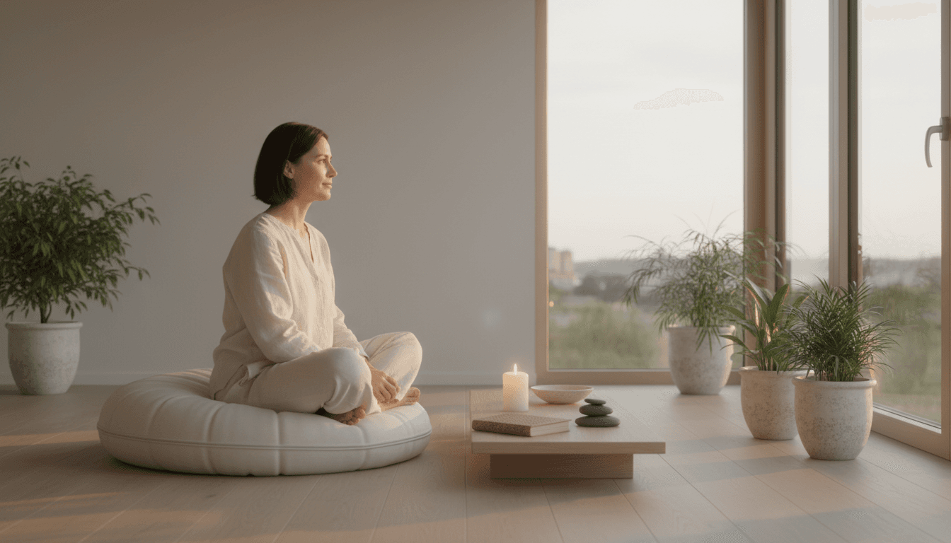 Mujer en meditación con iluminación cálida