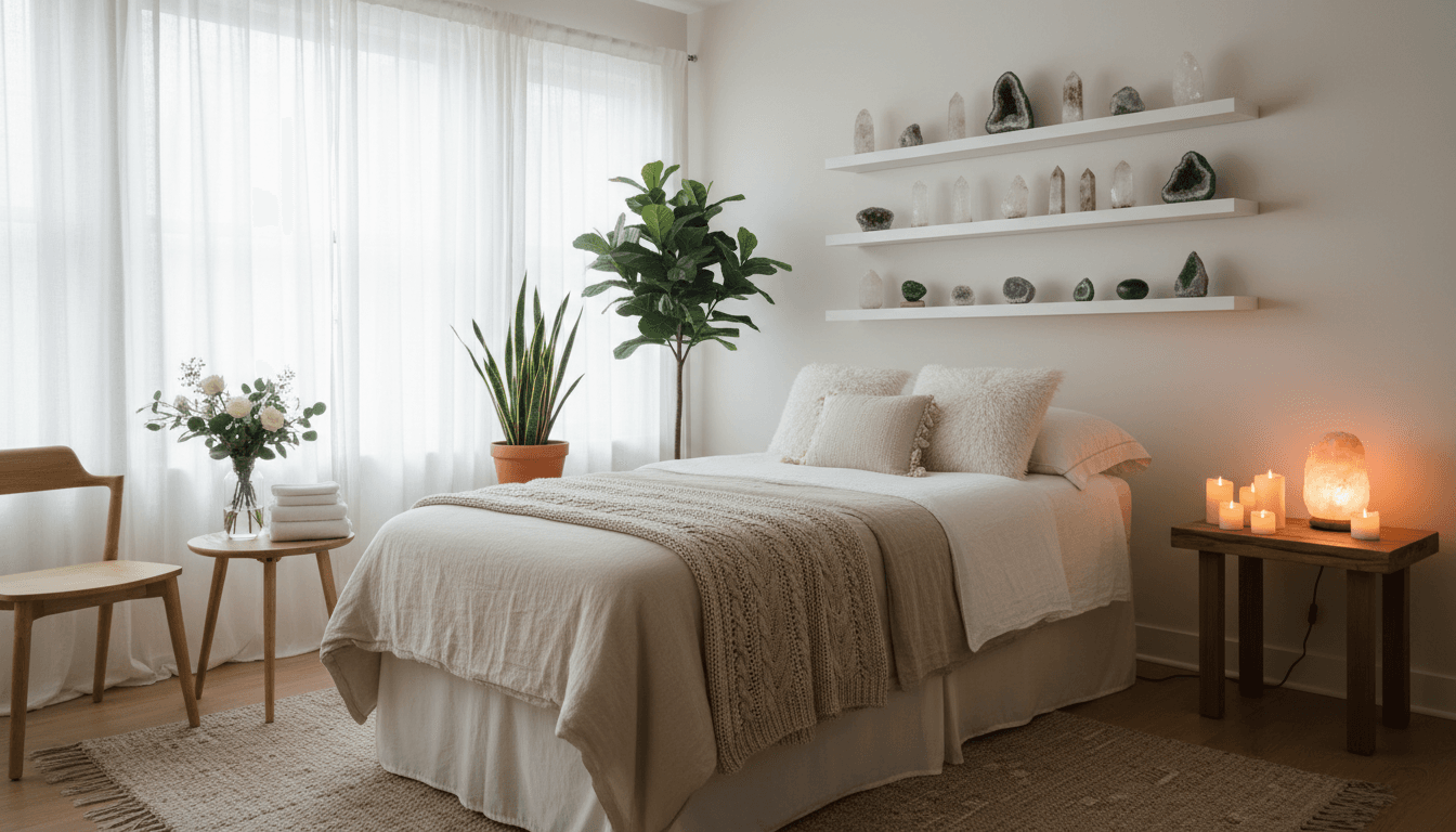 Sala de sanación premium con decoración elegante y atmósfera acogedora