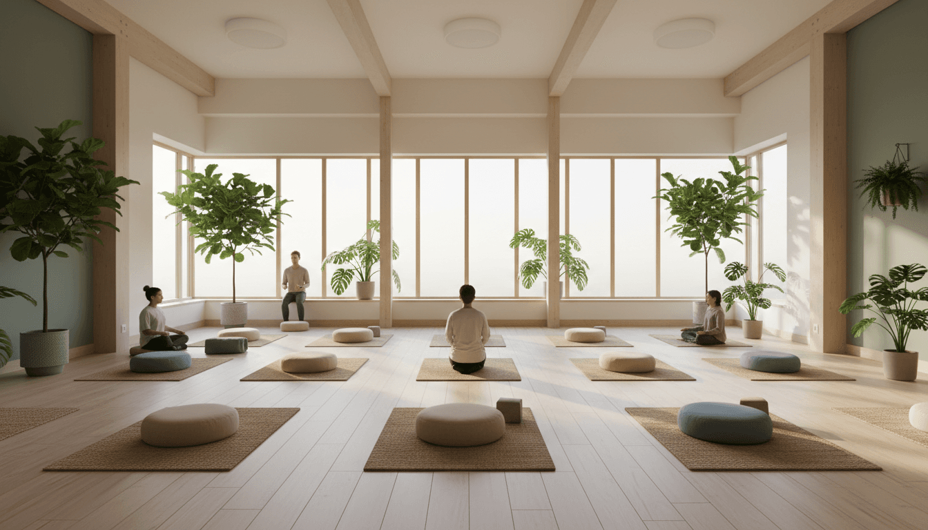 Espacio de meditación sereno con acentos dorados y decoración negra elegante