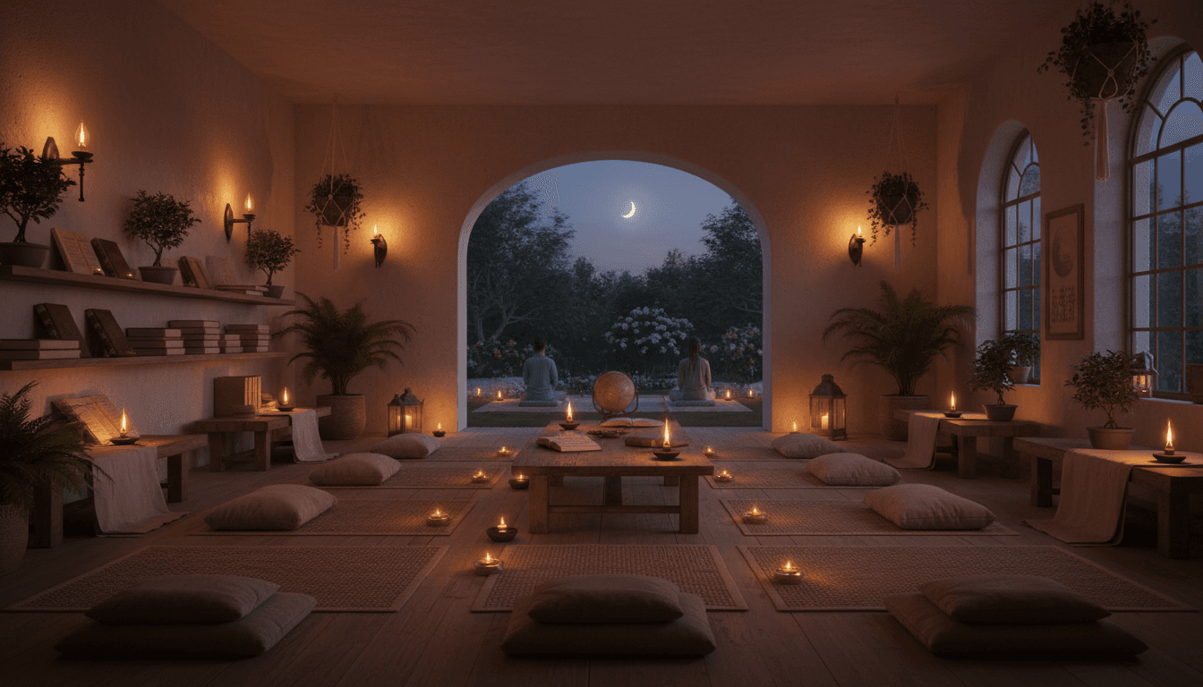 Espacio de yoga y meditación con luz natural y símbolos espirituales