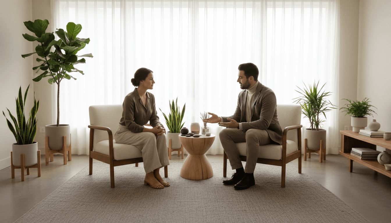 Espacio de consulta profesional donde terapeuta guía al cliente en su camino espiritual
