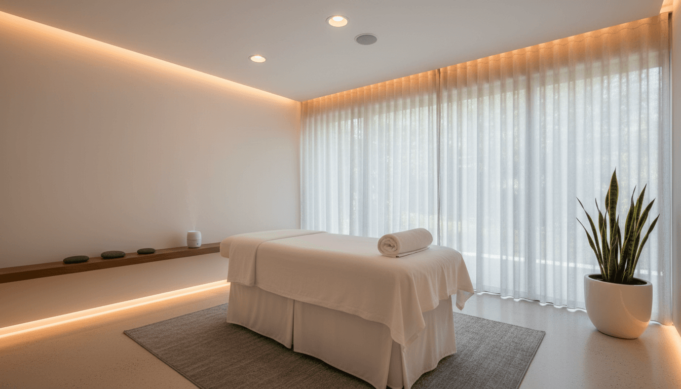 Interior de retiro de bienestar con estética negra y dorada premium