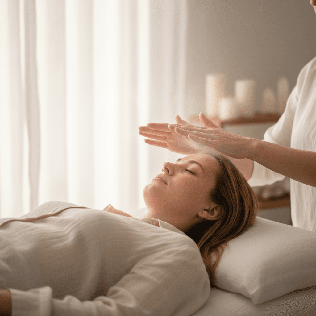 Terapeuta profesional trabajando en sesión de sanación energética con cliente