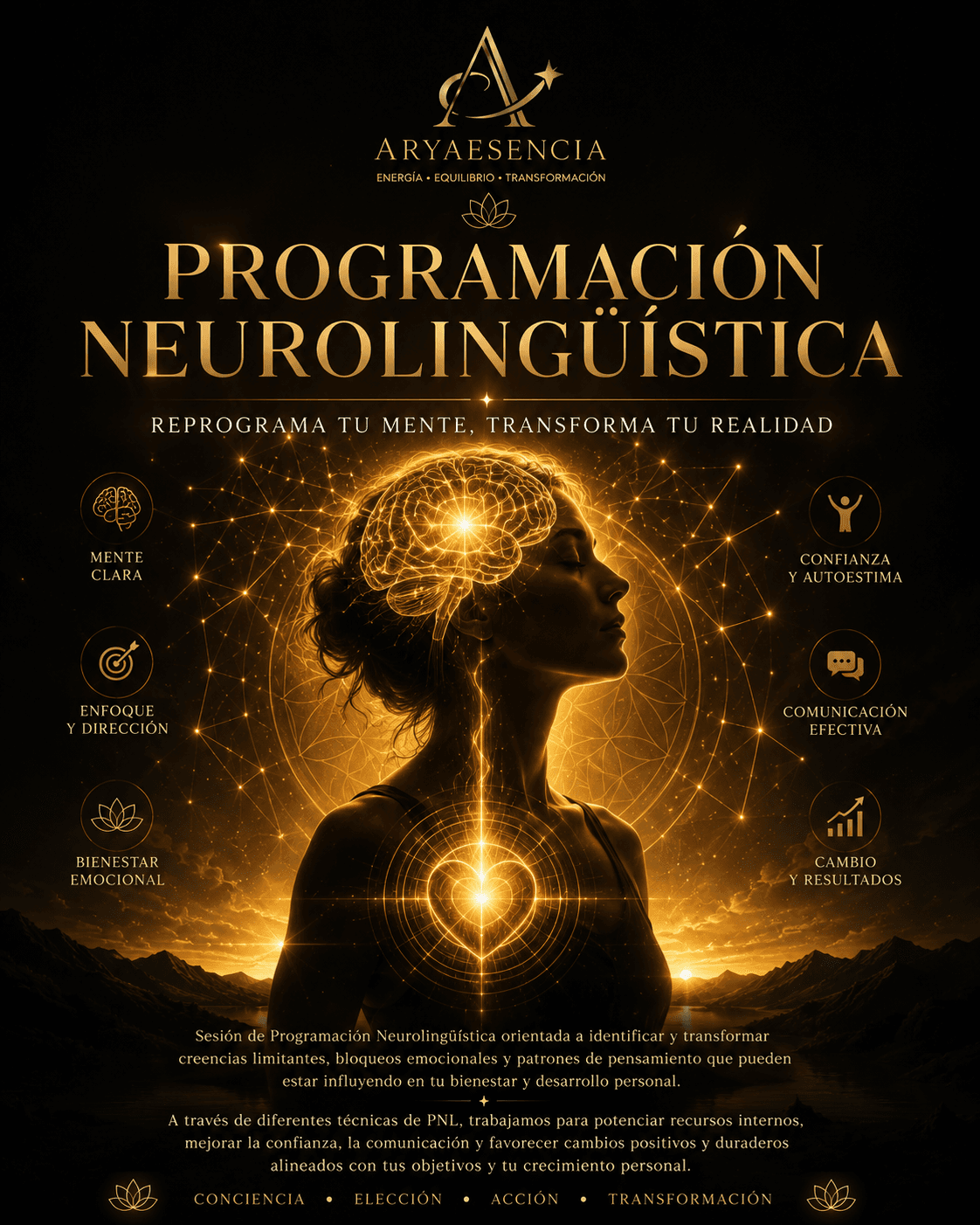 Cartel de Programación Neurolingüística con silueta femenina y conexiones luminosas entre mente y corazón.