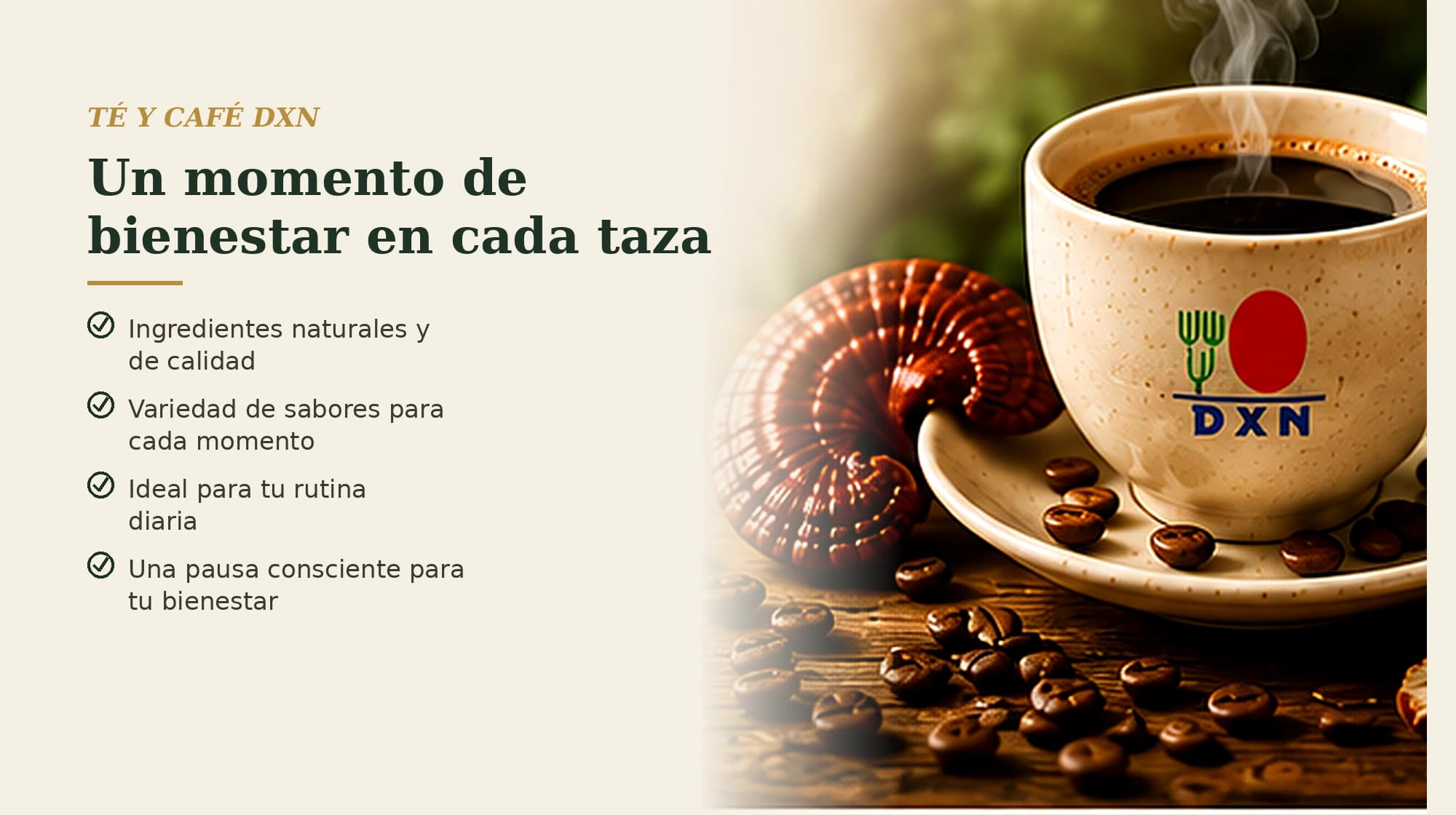 Taza de café humeante con logo DXN, hongo Ganoderma y granos de café sobre madera.