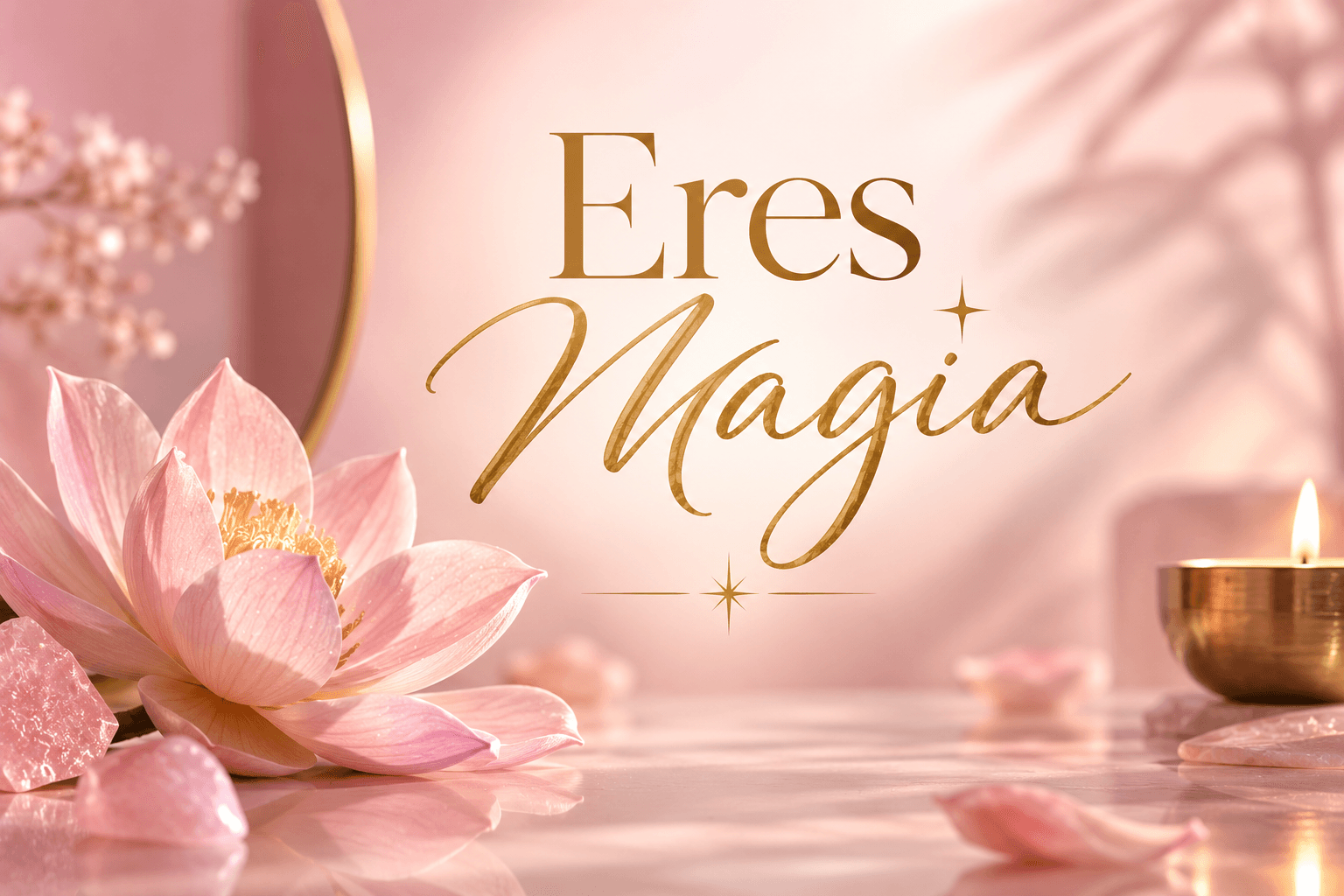 Flor de loto rosa, cristales y vela encendida con el mensaje dorado 'Eres Magia'.