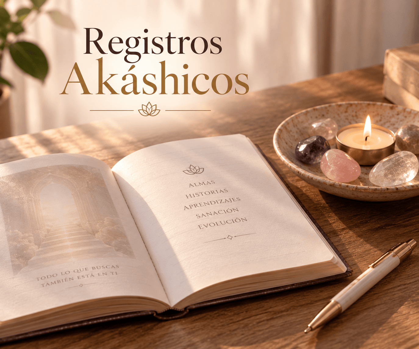 Libro abierto sobre Registros Akáshicos con vela, cuarzos y pluma bajo una luz cálida.