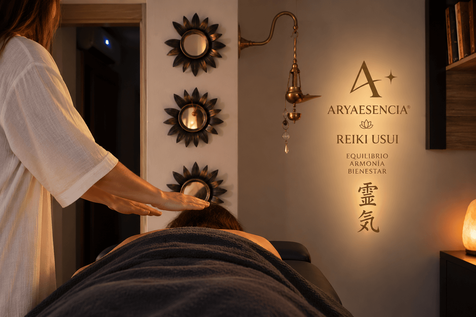Terapeuta realizando Reiki Usui en un espacio de bienestar con luz tenue y decoración zen.