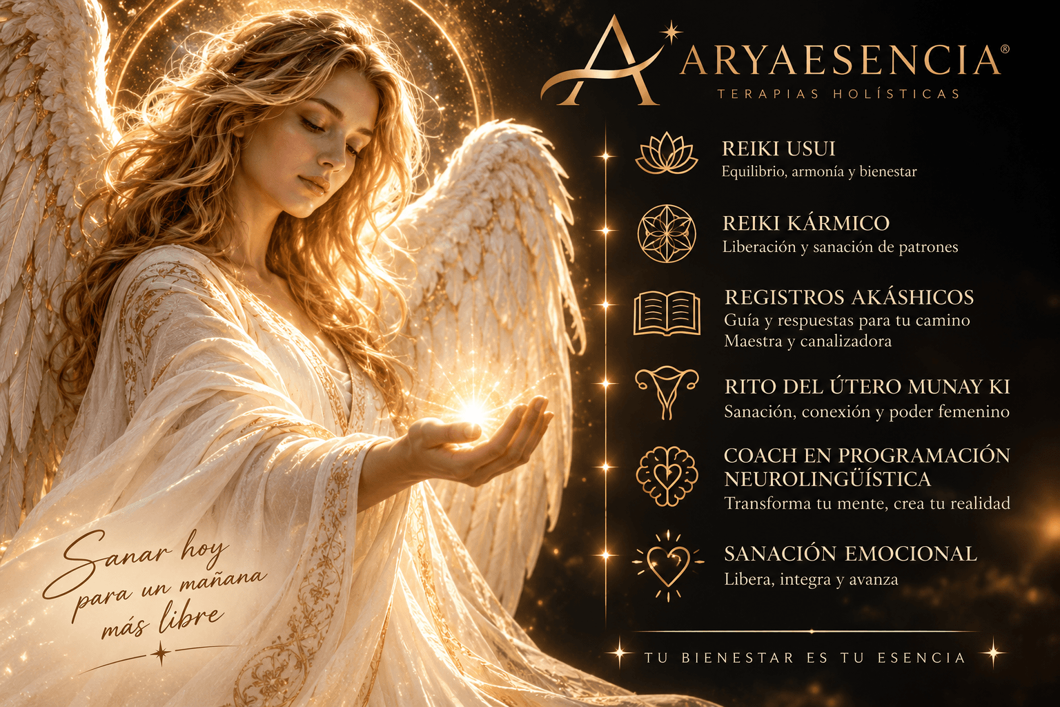 Ángel radiante con alas blancas y lista de terapias holísticas para el bienestar de Aryaesencia.