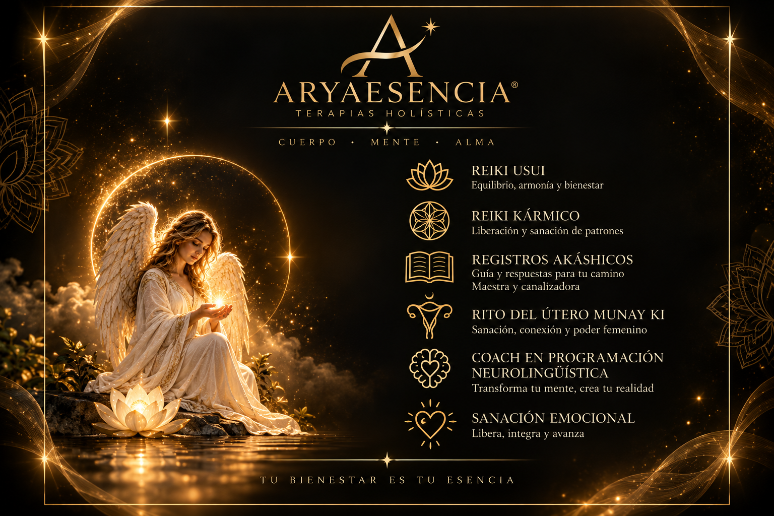 Ángel con luz brillante y flor de loto junto a servicios holísticos de Aryaesencia.