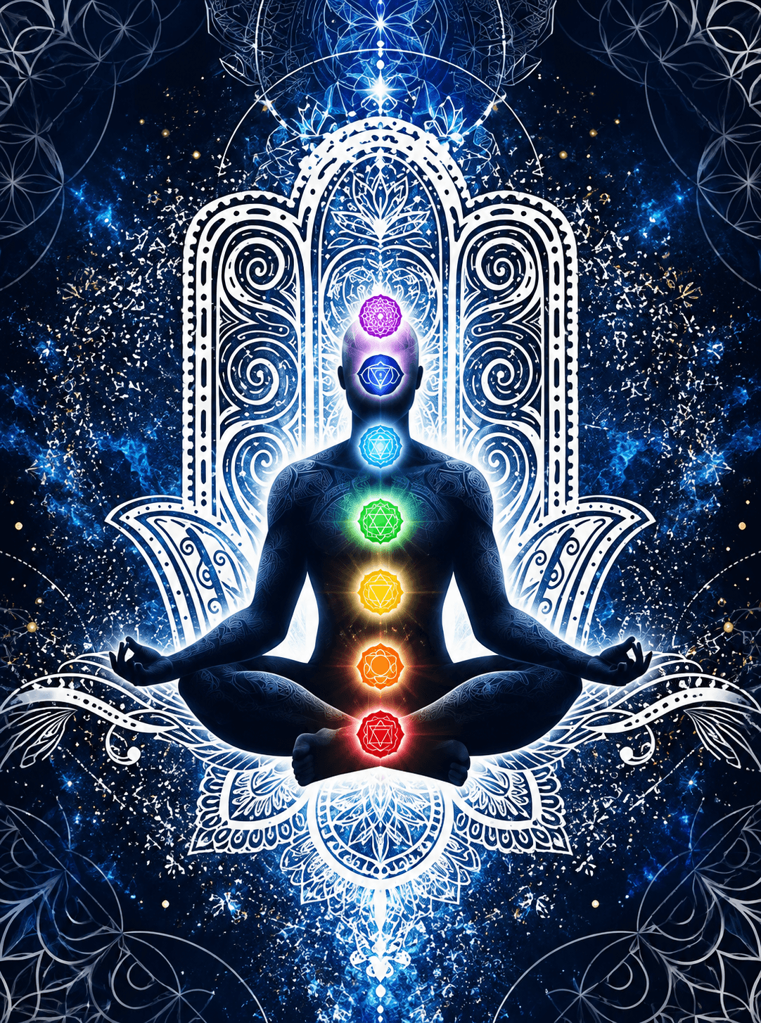 Silueta en meditación con siete chakras brillantes ante una mano Hamsa y fondo cósmico azul.