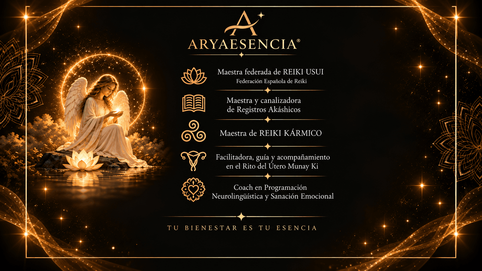 Ángel místico y flor de loto con servicios de sanación espiritual de Arya Esencia.