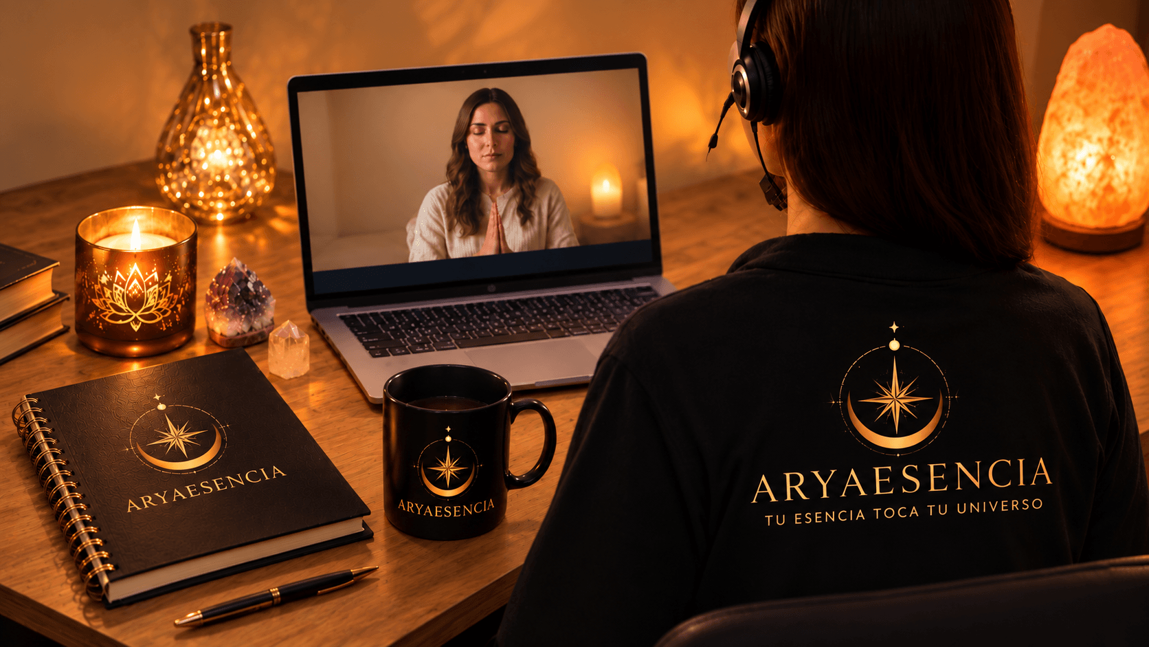 Persona viendo meditación en laptop rodeada de velas, cristales y productos de marca ARYAESENCIA.