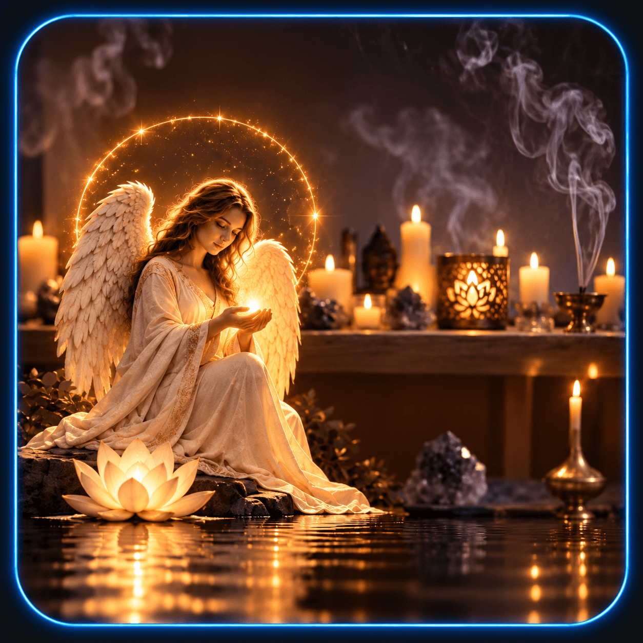 Ángel con alas blancas sosteniendo luz, rodeado de velas, incienso y una flor de loto.