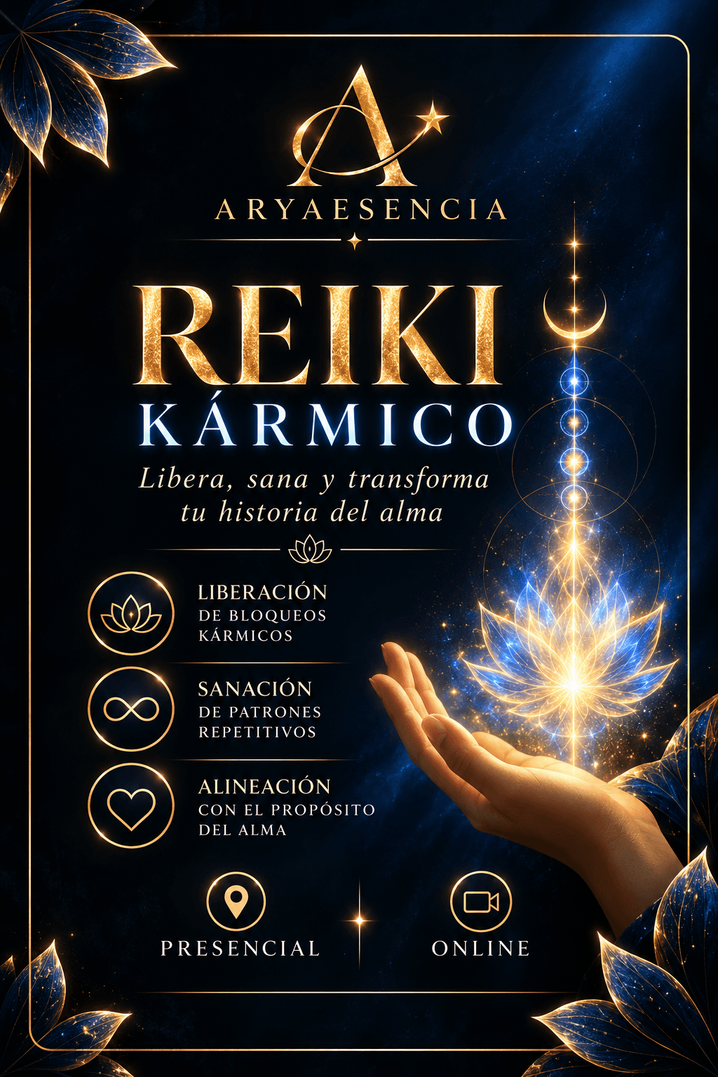 Cartel de Reiki Kármico de Aryaesencia con mano sosteniendo una flor de loto luminosa.