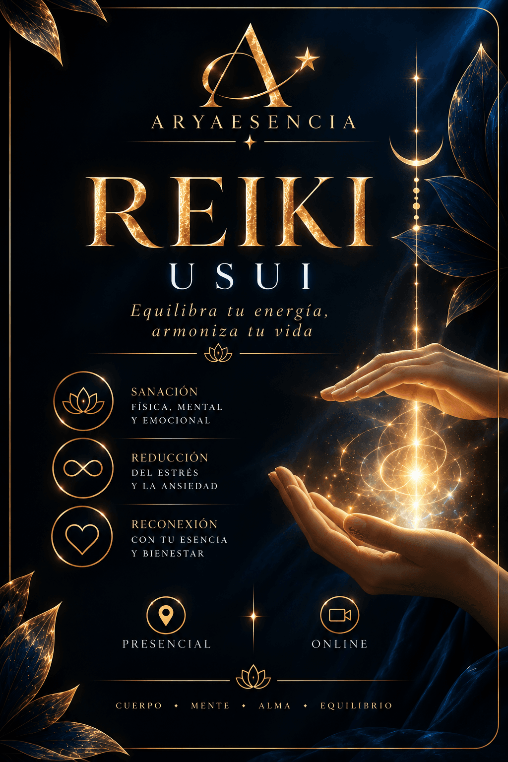 Cartel de Aryaesencia para Reiki Usui con manos sosteniendo luz dorada y sanación integral.