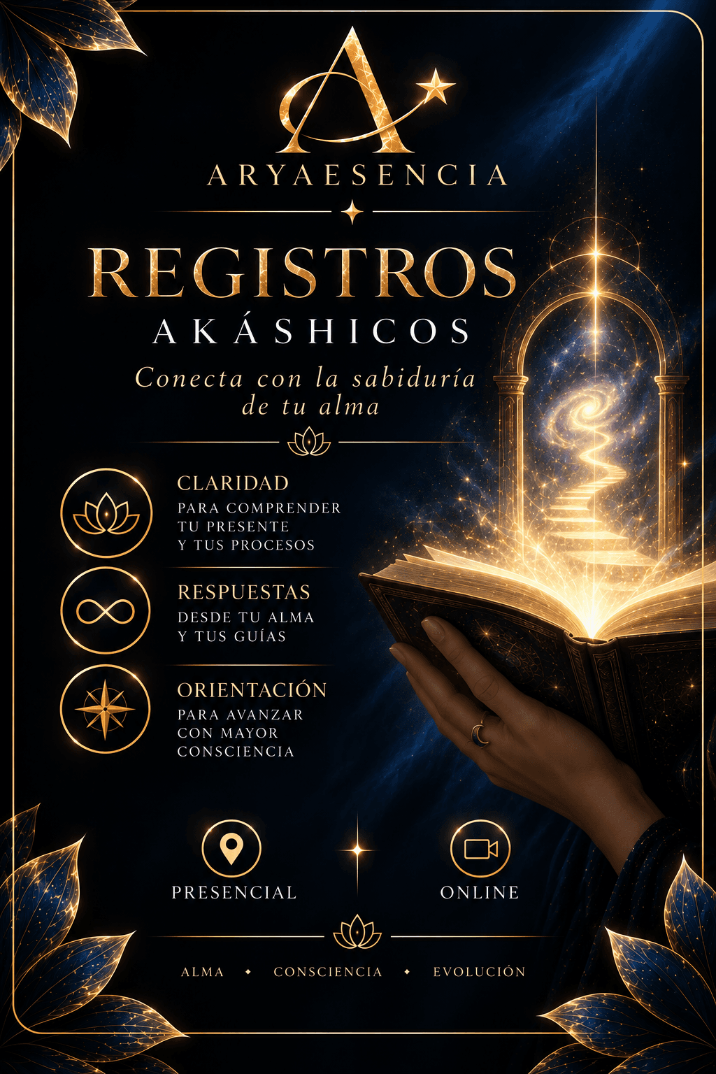 Cartel de Registros Akáshicos con un libro abierto que emana una brillante escalera de luz.