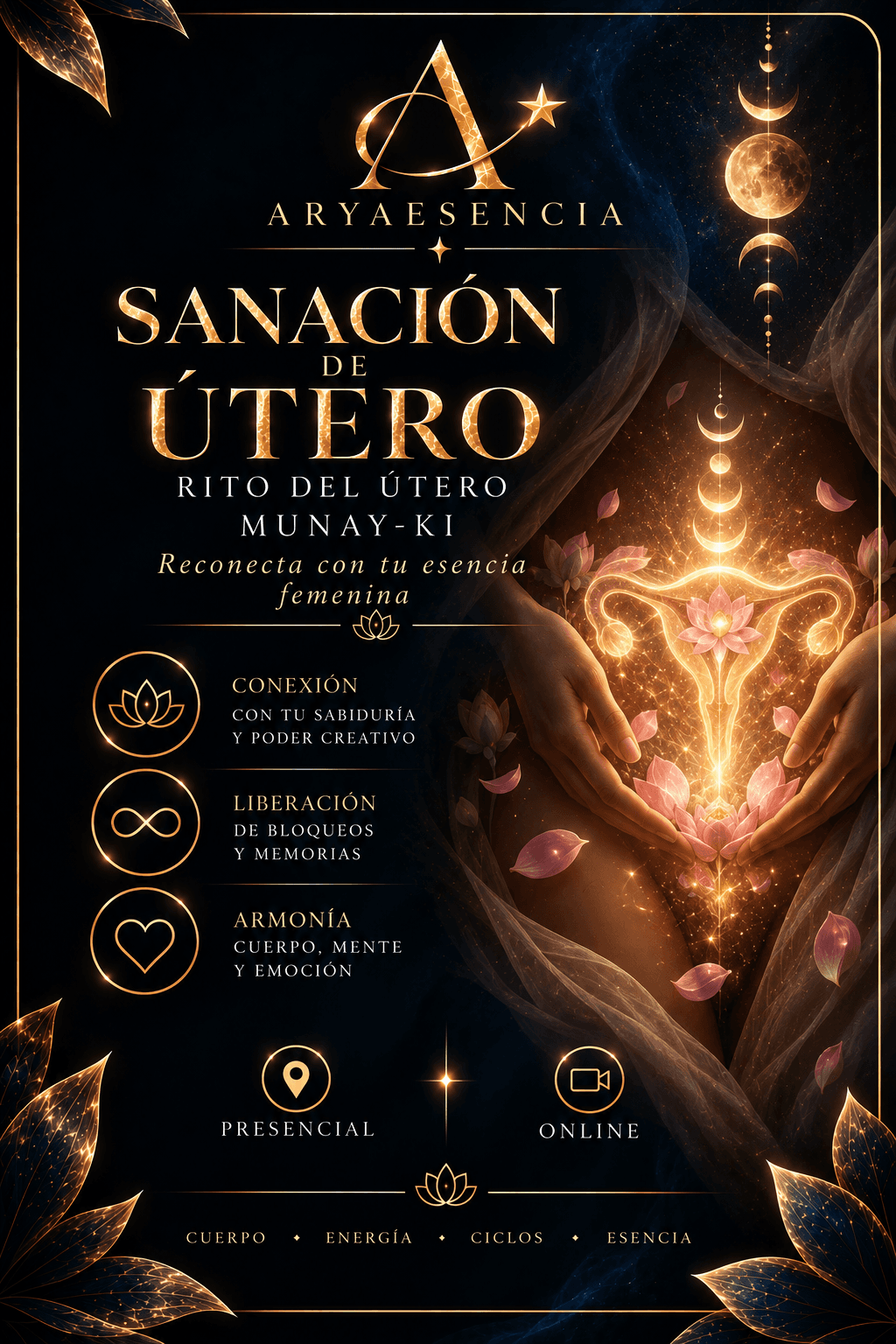 Cartel místico de sanación de útero con manos sosteniendo un útero dorado y flores rosadas.