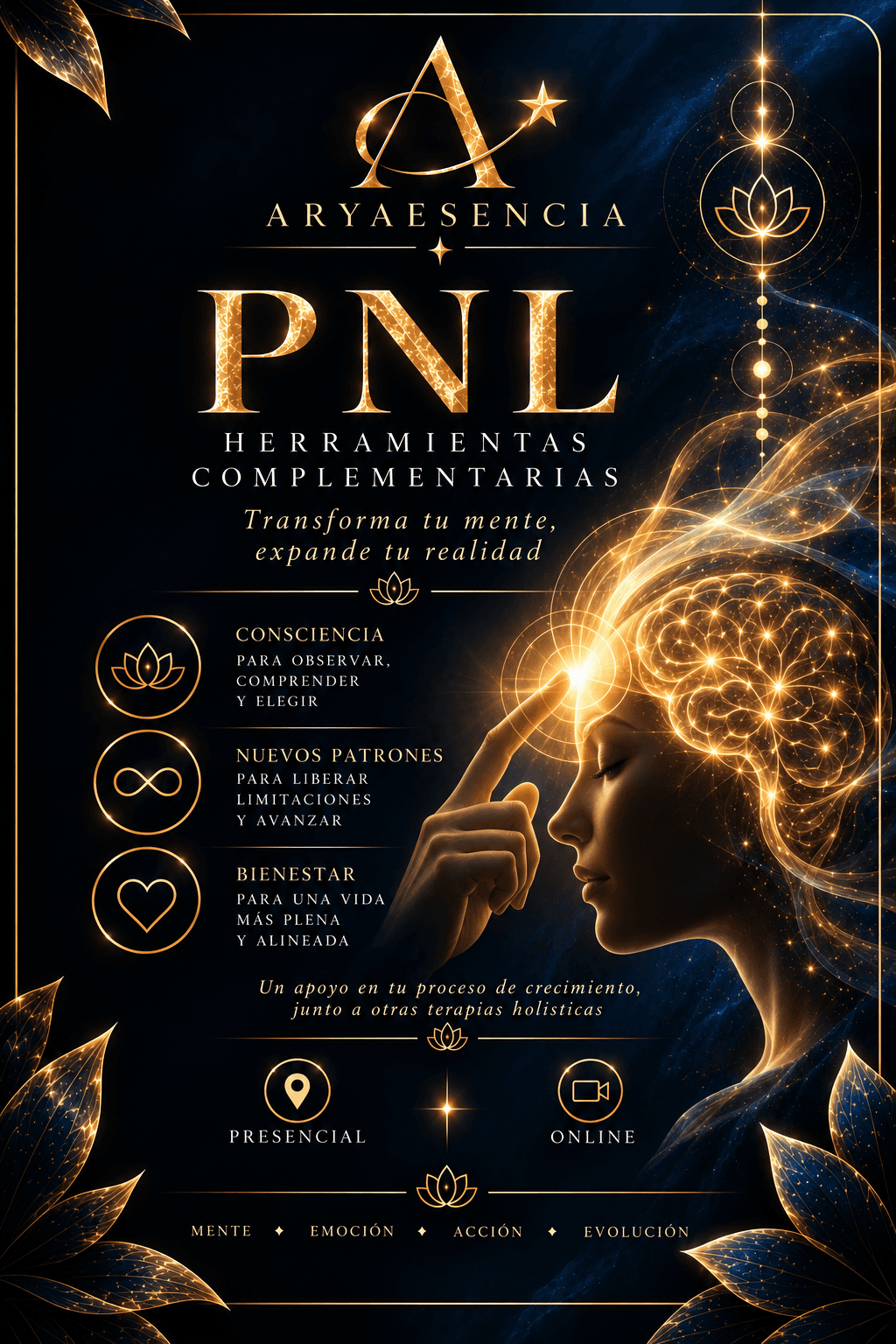 Cartel dorado de PNL con perfil de mujer, cerebro iluminado y texto sobre transformación mental.