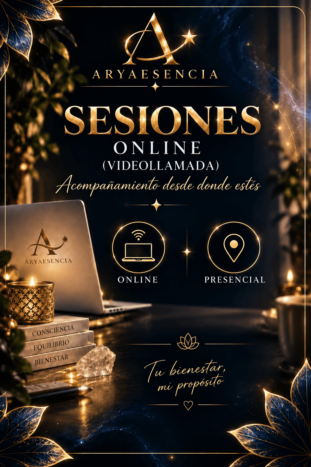Anuncio de Aryaesencia para sesiones de bienestar online y presenciales con estética dorada y acogedora.