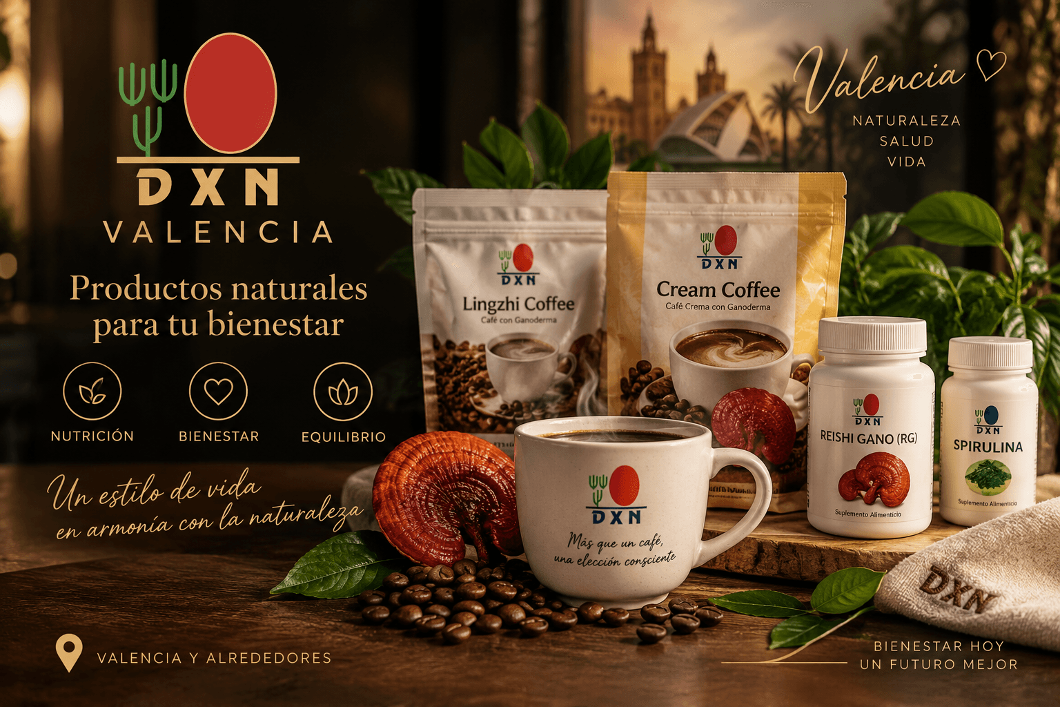 Productos DXN Valencia: café con Ganoderma, Reishi y Espirulina para un estilo de vida saludable.