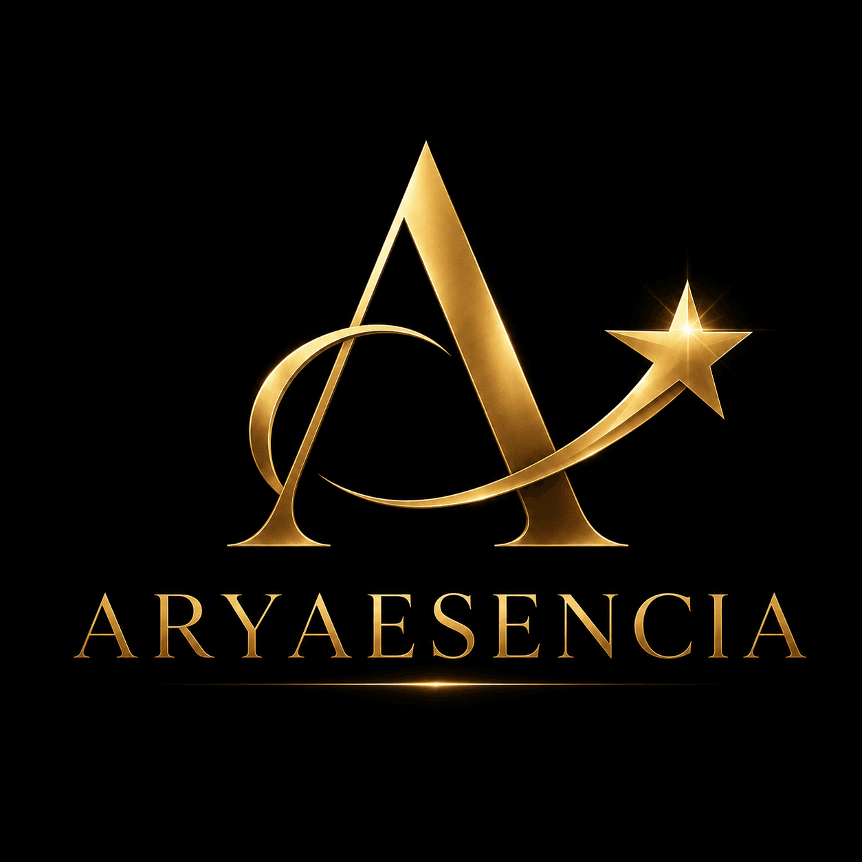 Logo dorado de ARYAESENCIA con una letra A estilizada y una estrella fugaz brillante.