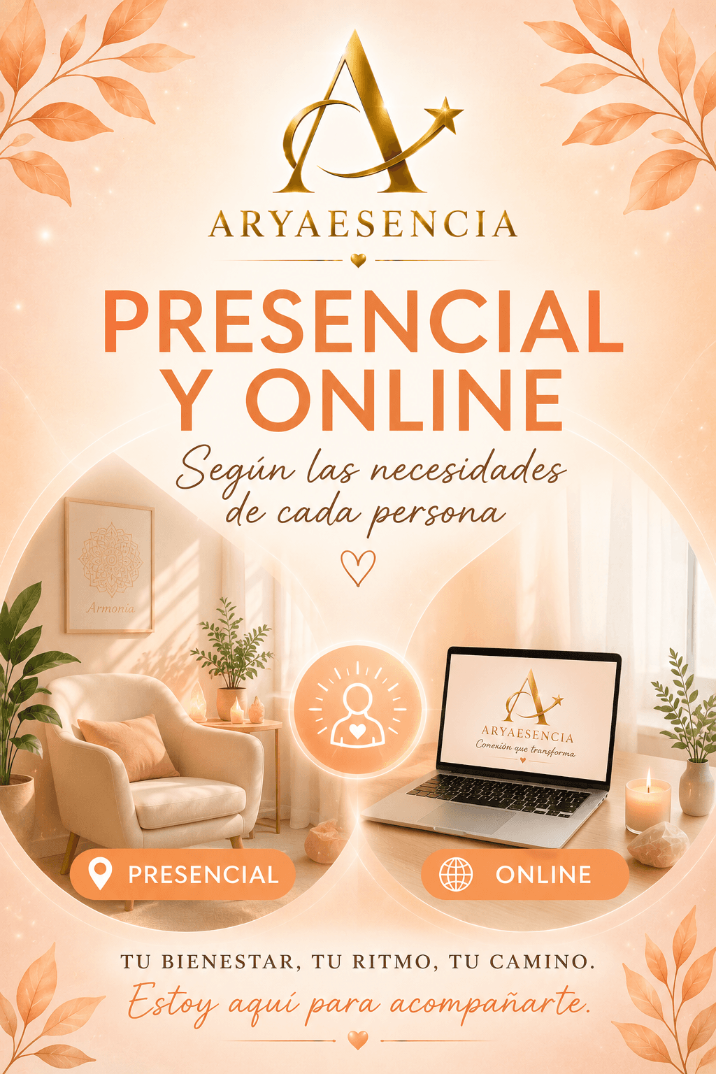 Anuncio de ARYAESENCIA ofreciendo bienestar presencial y online con tonos cálidos y diseño acogedor.