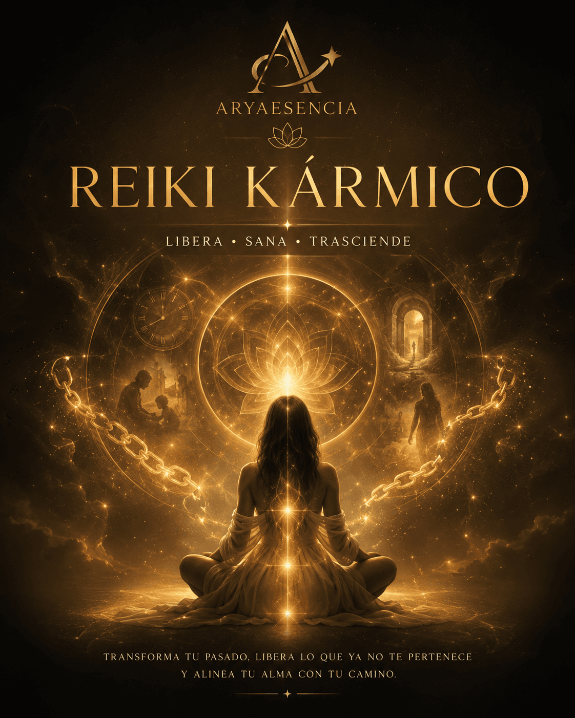 Mujer meditando envuelta en luz dorada, cadenas rompiéndose y símbolos místicos de Reiki Kármico.