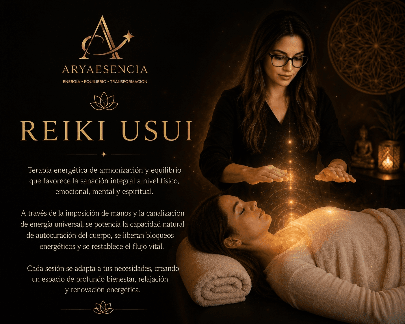 Terapeuta practicando Reiki Usui, canalizando luz dorada sanadora sobre una mujer en profunda relajación.