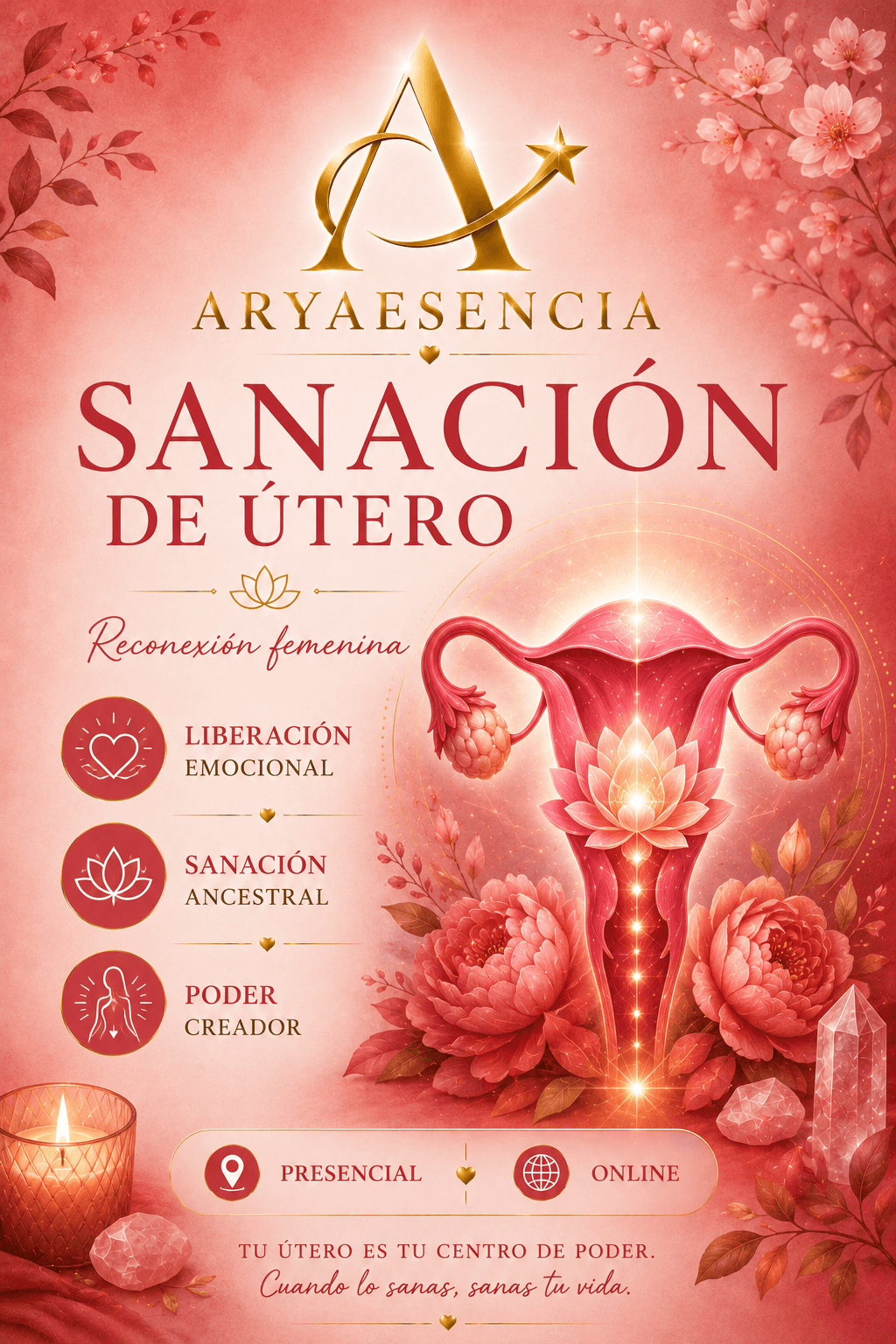 Cartel promocional de sanación de útero con ilustración artística brillante, flores rosadas y cristales.