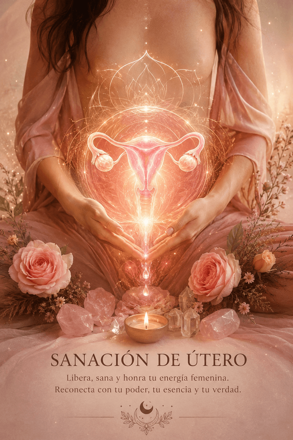 Mujer en meditación con útero luminoso, rodeada de rosas, cuarzos y una vela encendida.