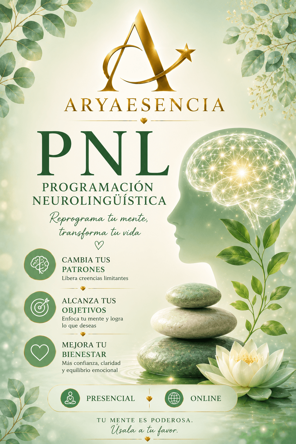 Publicidad de AryaEsencia sobre PNL con silueta humana, cerebro brillante, piedras zen y flores.