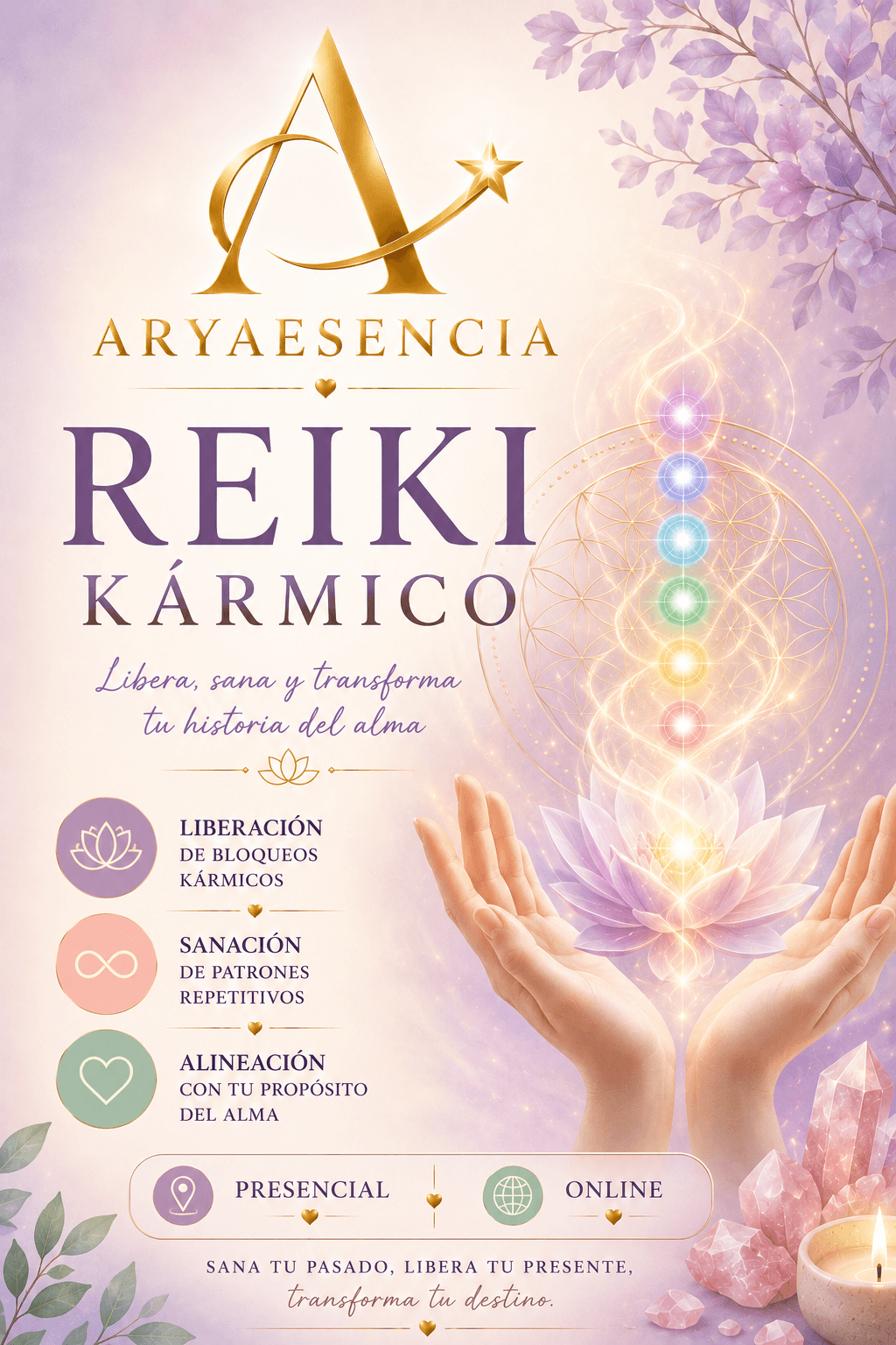 Cartel promocional de Reiki Kármico con manos, loto luminoso, chakras alineados y cristales sanadores.