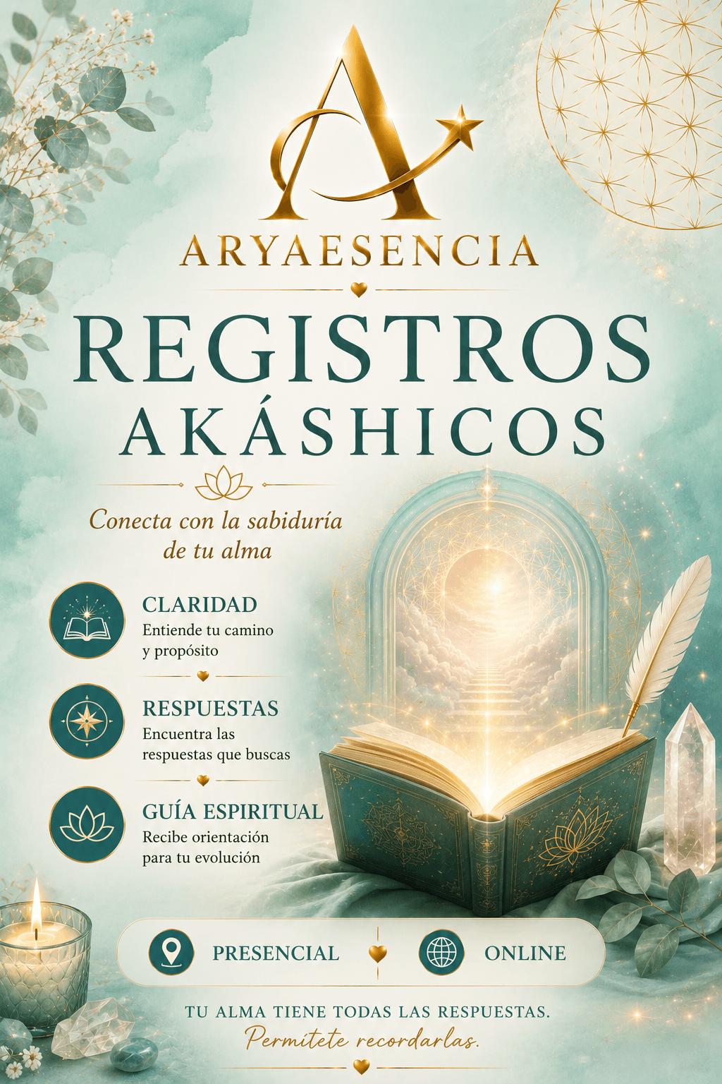 Cartel de Aryaesencia sobre Registros Akáshicos con libro brillante, portal místico y cristales verdes.
