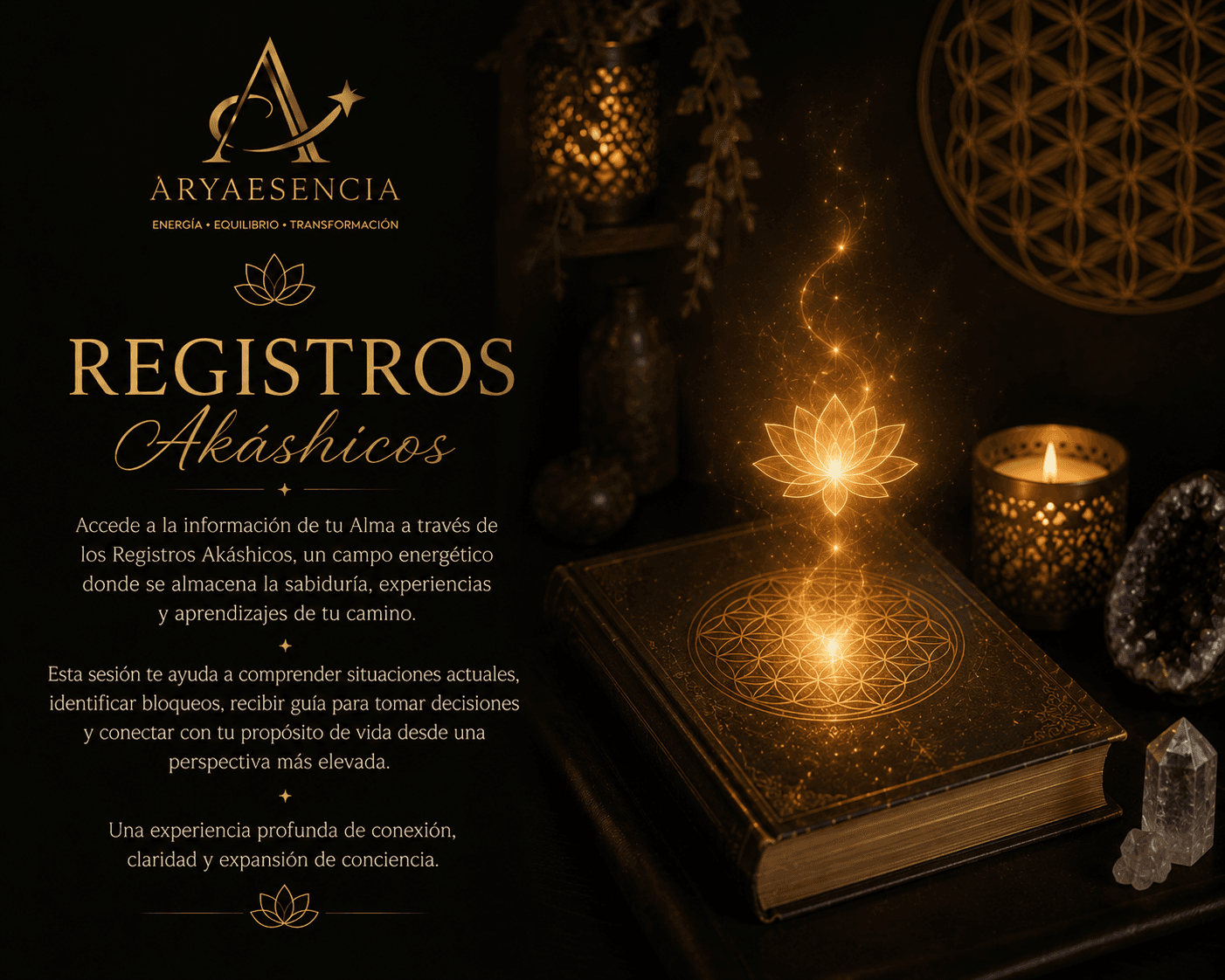 Libro antiguo con flor de loto luminosa y cristales para sesión de Registros Akáshicos.