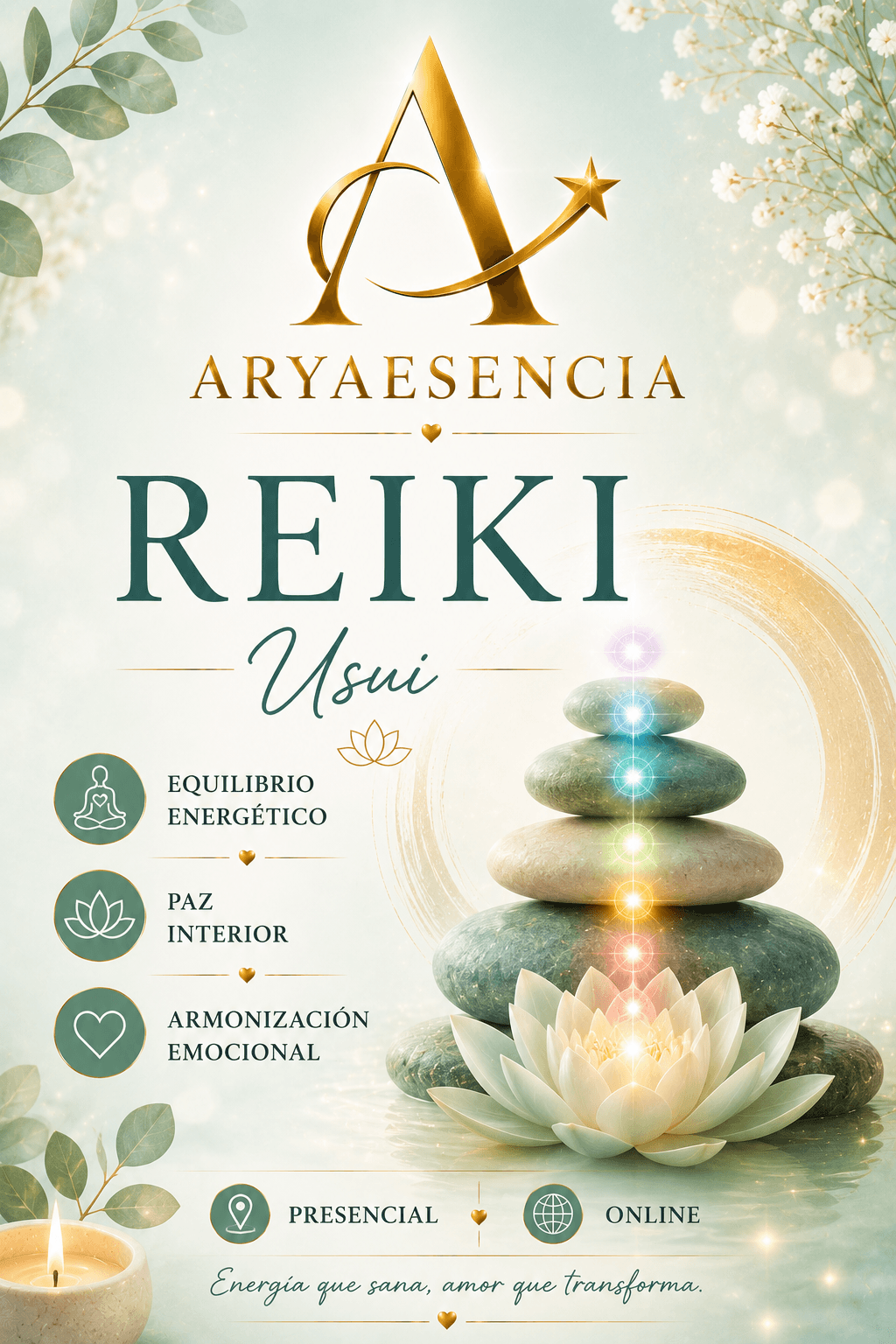 Cartel de Reiki Usui con piedras zen, flor de loto y chakras iluminados en vertical.